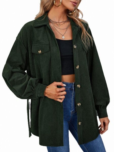 

women's down & parkas drop shoulder flap detail belted corduroy coat k87x#, Black