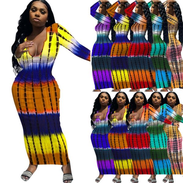 

designer womens maxi dresses tie dye thread positioning printing slim long dress, Black;gray