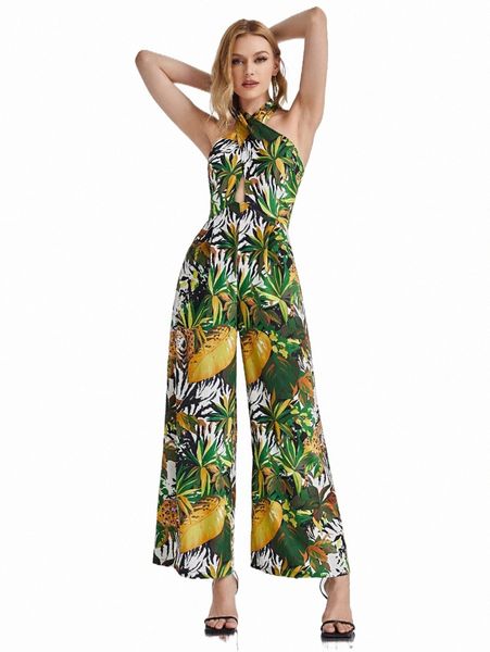 

women's jumpsuits & rompers x swinging 60's tropical print crisscross halter neck backless culotte jumpsuit 94y6#, Black;white