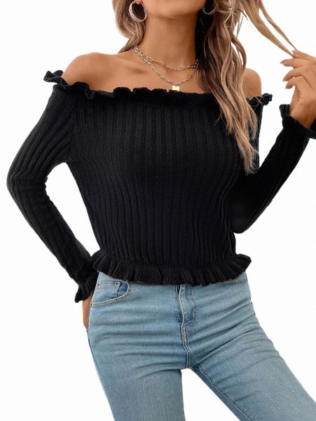 

women's sweaters off shoulder ruffle trim sweater 32yg#, White;black