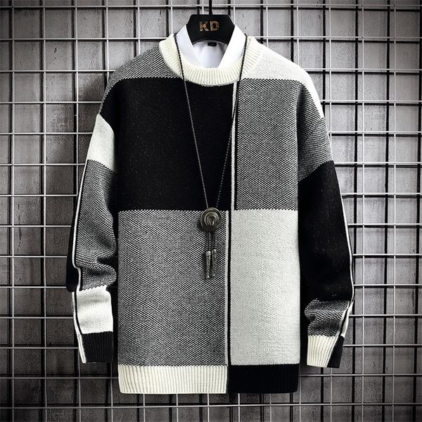 

men's sweaters autumn winter men casual sweater thick warm harajuku pullover mens patchwork plaid loose knitted o neck clothing 220830, White;black