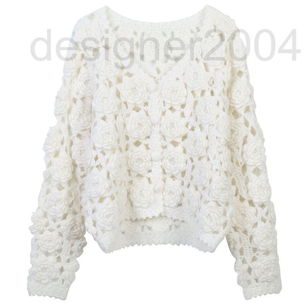 

women's sweaters designer french spring and summer knitted cardigan solid color hand hook three-dimensional rose hollow out design temp, White;black
