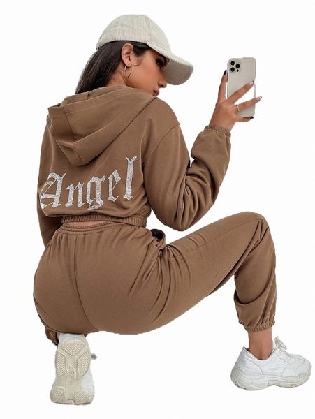 

two piece dress letter rhinestones drop shoulder hoodie & sweatpants g8au#, White