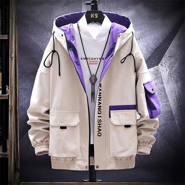

men's jackets long sleeved cargo jacket men harajuku windbreaker jackets hooded hip hop streetwear zipper coats with big pockets 220830, Black;brown