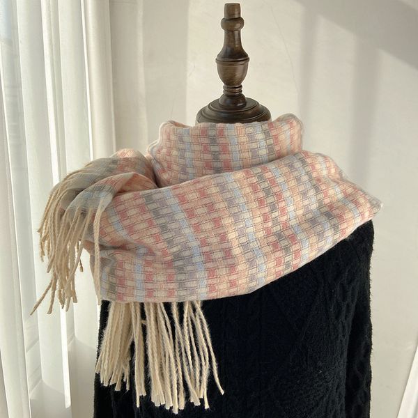 

color plaid student warm thickened scarf imitation cashmere tassel shawl, Blue;gray