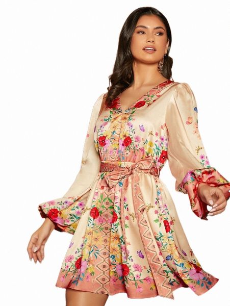 

casual dresses floral print lantern sleeve belted satin dress 27ce#, Black;gray