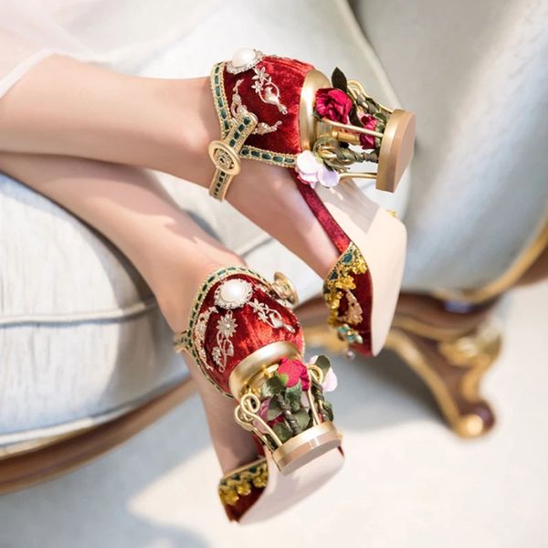 

red velvet flower heels birdcage applique embroidery sandals woman retro shoes string bead ankle strap runway shoes, Black