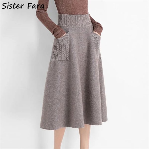 

skirts sister fara autumn winter wool knitting long women high waist with pocket loose female solid knit midcalf skirt 220830, Black