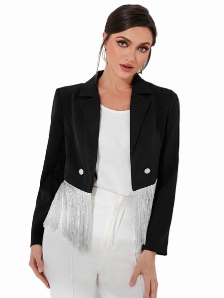 

women's two piece pants fringe trim double button blazer g5z7#, White