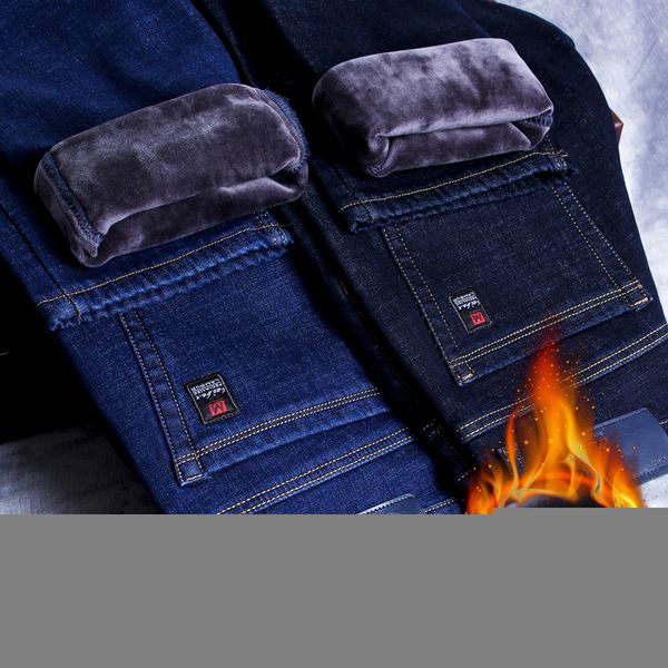 

men's jeans winter men's warm slim fit jeans business fashion thicken denim trousers fleece stretch brand pants black blue 220830