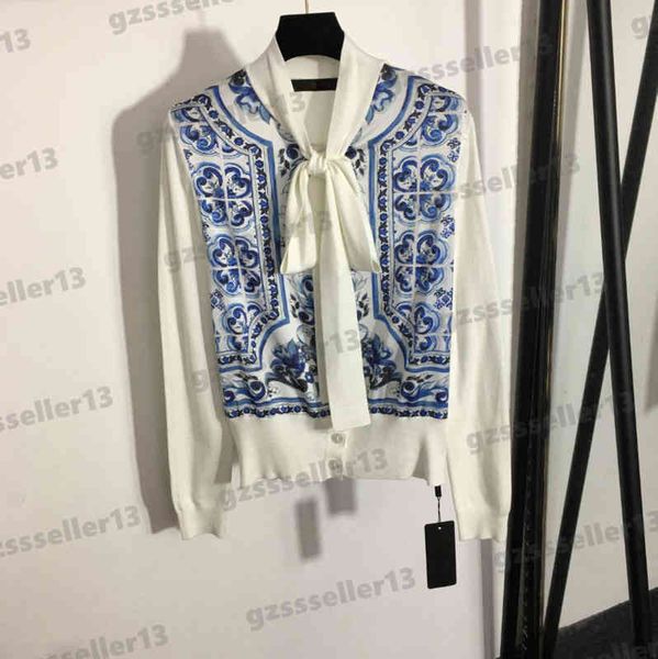 

luxury designer womens jacket blue and white porcelain print silk panel cardigan jacket bow neck long sleeve knit jacket women clothing 0912, Black;brown