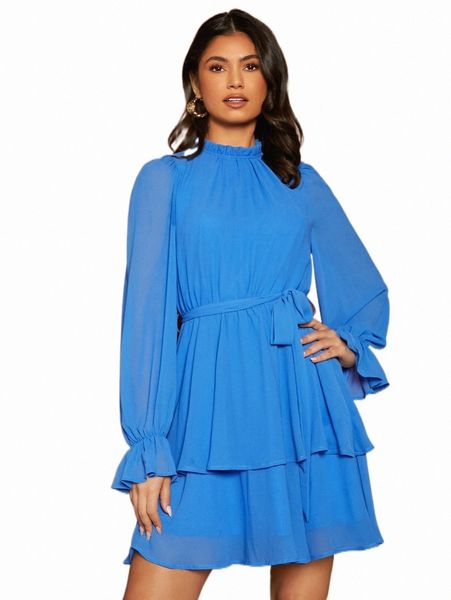 

casual dresses frilled neck flounce sleeve two layer hem belted dress s8jx#, Black;gray