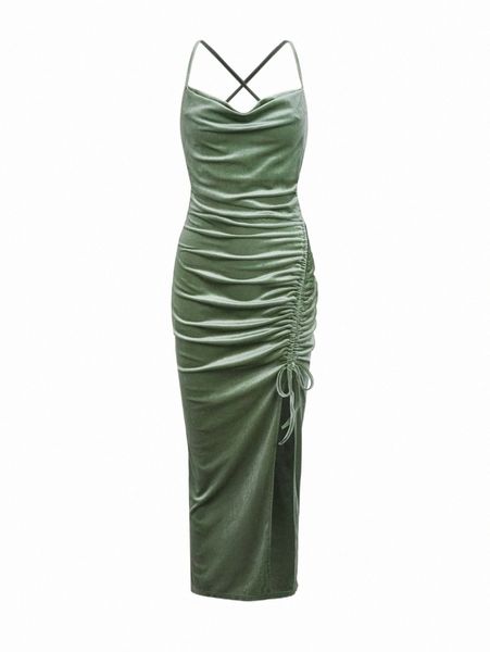 

casual dresses solid drawstring ruched velvet dress 32yv#, Black;gray