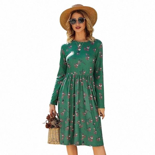 

casual dresses casual dresses 2021 summer fashion round neck long sleeve floral print medium waist srteet style ladies green dress n77k#, Black;gray