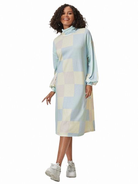 

casual dresses x nympheria turtle neck lantern sleeve plaid dress f0bh#, Black;gray