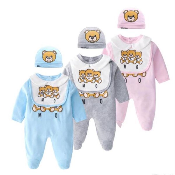 

retail newborn baby rompers 2 pcs set onesies with cap cotton bear printed jumpsuit one-piece outfit jumpsuits toddle infant kids desig238m, Blue