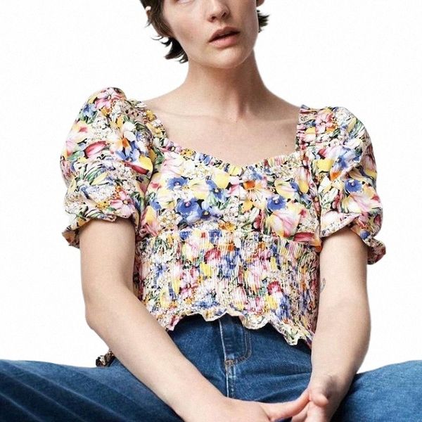 

women's blouses & shirts summer v neck puff sleeve floral blouse high waist pleated square collar pullover shirts women sweet women&#0, White