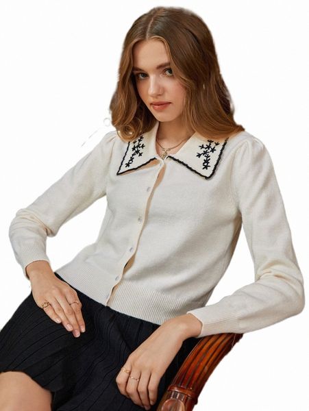 

women's sweaters mod floral embroidery button front cardigan 60fh#, White;black