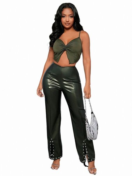

two piece dress sxy asymmetrical hem bustier crop cami & split hem pants q8cs#, White