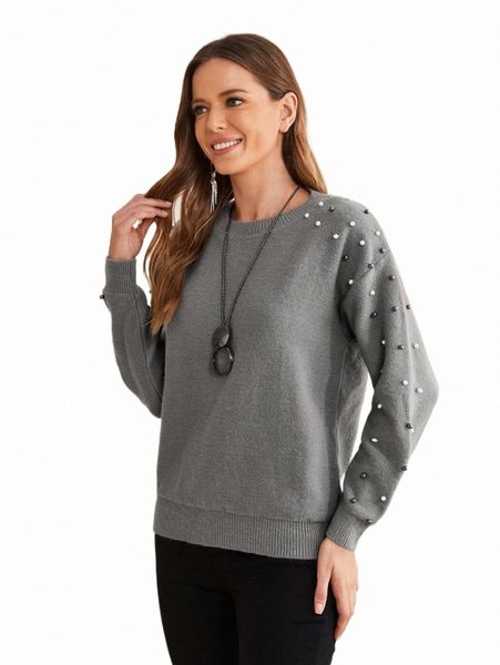 

women's sweaters emery rose pearls beaded drop shoulder sweater r052#, White;black