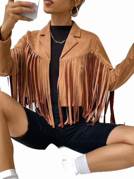 

women's jackets fringe trim lapel neck suedette jacket u9yt#, Black;brown