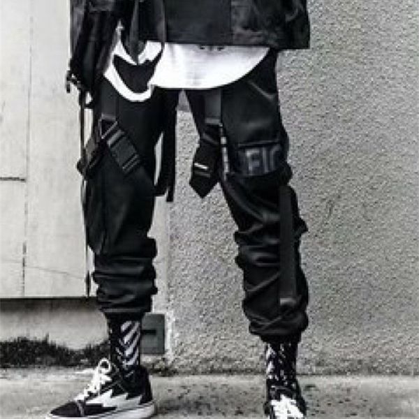 

mens pants pfnw cargo pants mens dark style streetwear elastic waist splicing functional wind techwear autumn trend trousers male darkwear 2, Black