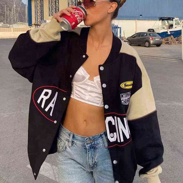 

women's jackets women autumn coat jacket orange letter printed casual long sleeve oversized jackets sport style bomber jacket women vin, Black;brown