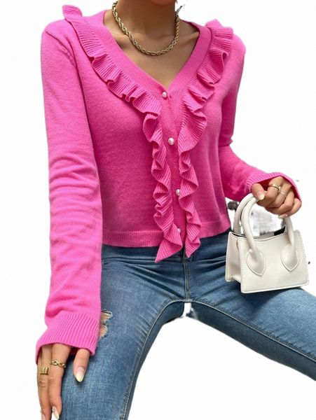 

women's sweaters ruffle trim pearl button cardigan z465#, White;black