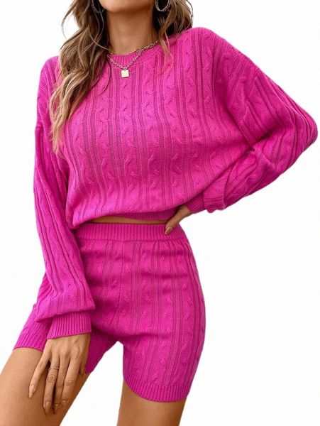 

women's sweaters cable knit drop shoulder sweater & knit shorts i9n6#, White;black