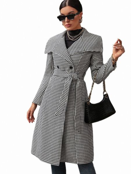 

women's down & parkas houndstooth print double button belted tweed overcoat h6xm#, Black