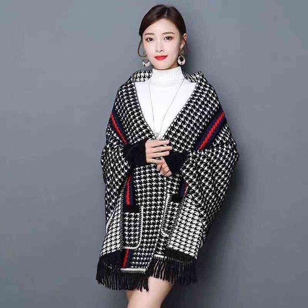 

women's cape autumn cloak winter coat women mink fleece retro houndstooth shawl warm imitation cashmere capes ponchos women t220831, Black