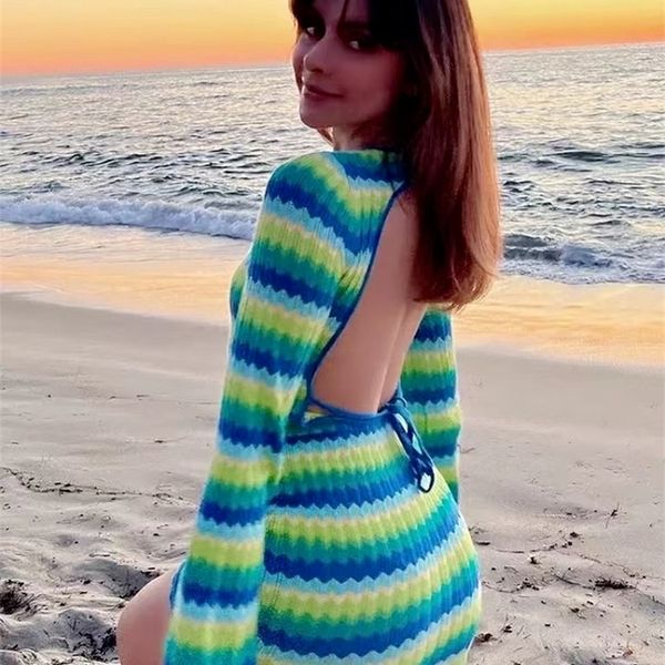 

casual dresses stripe knit beach women bodycon backless long sleeve y2k party mini summer holiday 220831, Black;gray