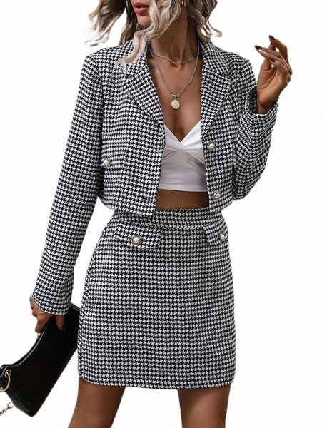 

two piece dress houndstooth single breasted crop blazer & skirt i0ri#, White