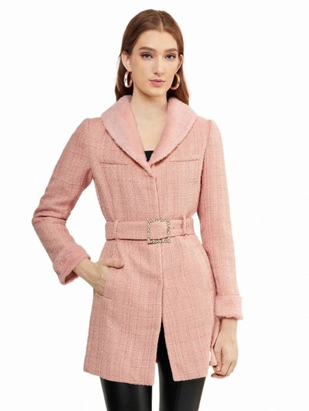 

women's down & parkas x jacqueline city borg collar belted tweed overcoat w9ff#, Black
