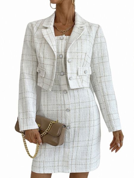 

two piece dress plaid tweed cami dress & lapel collar overcoat r93q#, White