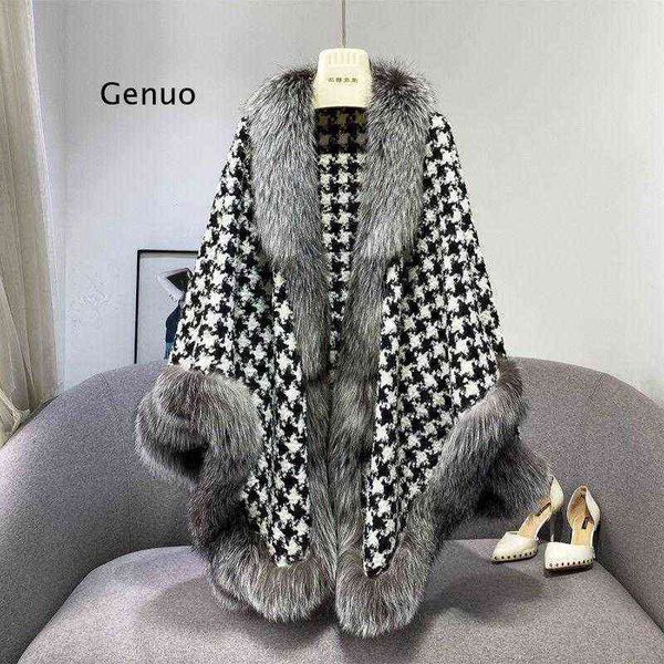 

women's cape 2021 women's coat poncho wool warm fashion houndstooth knitted cloak with fur trim luxury faux silver fur poncho cape, Black