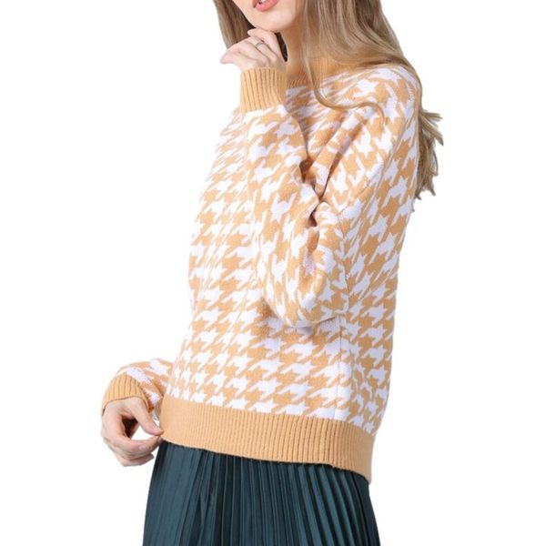 

women sweater luxury new knitted pullover sweater houndstooth pattern casual retro loose sweaters jumpers, White;black