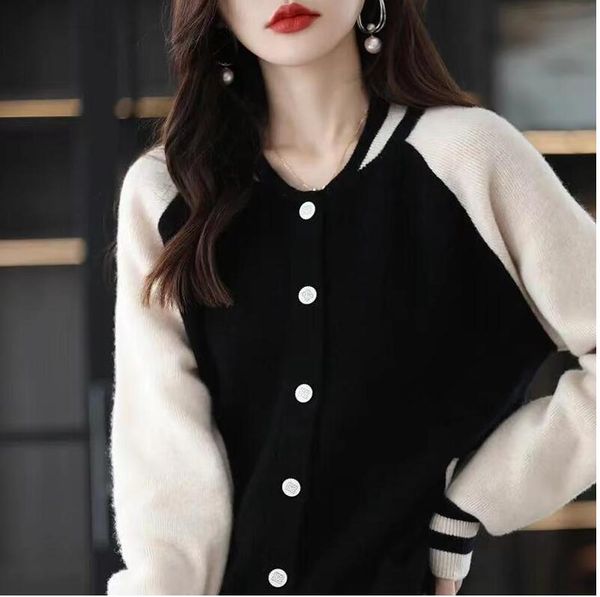 

women sweater new knit cardigan long sleeves women's round neck short wool vintage cardigan baseball coat, White;black