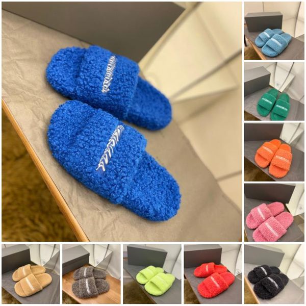 

casual shoes designer luxury sandal furry slide fake shearling letter embroidery woman wool slippers, Black