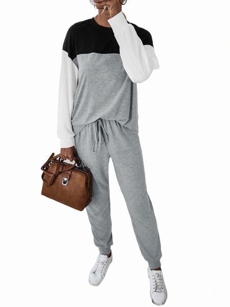 

two piece dress colorblock sweatshirt & drawstring waist sweatpants x2cc#, White