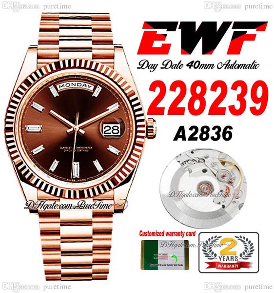

ewf day date 228235 a2836 automatic mens watch 40 rose gold fluted brown baguette diamond dial presidential bracelet same serial card super, Slivery;brown