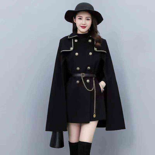 

women's cape autumn clothing cape coat women elegant cloak wool coat mid-length black capes cashmere poncho women winter t220831