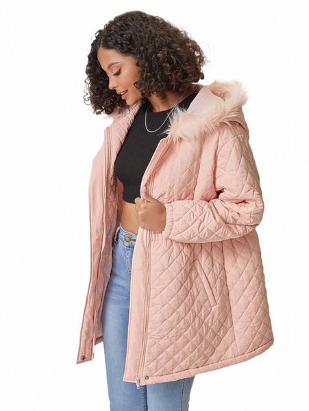 

women's down & parkas x jacqueline city drop shoulder fuzzy trim hooded quilted coat i10q#, Black