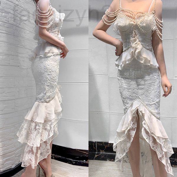 

casual dresses designer fashion design chen holiday wind fairy 2020 early spring suspender fishtail dress pearl heavy industry ntdw, Black;gray