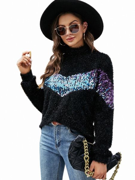 

women's t-shirt contrast sequins fuzzy knit tee w12n#, White