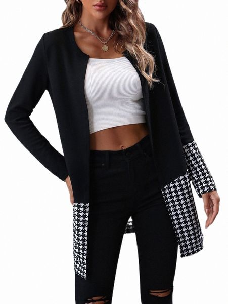 

women's down & parkas houndstooth panel open front coat 41e5#, Black