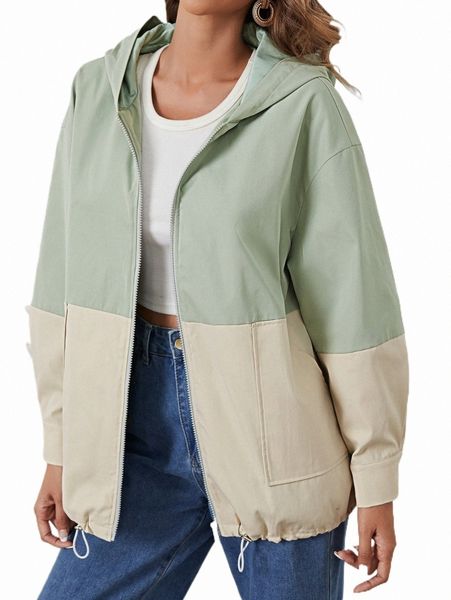 

women's jackets two tone drawstring hem hooded jacket f4qb#, Black;brown