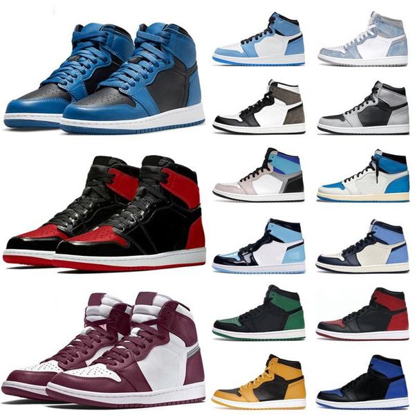 

shoe university blue 1 running shoes jumpman 1s high bordeaux dark mocha unc light smoke grey hyper patent bred royal toe men women trainers, Black