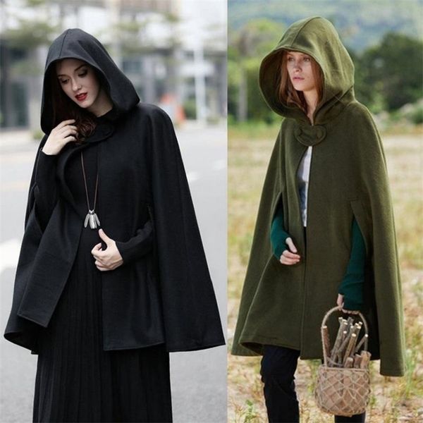 

women's cape halloween hooded cloak for women autumn winter warm long sleeve solid simple style loose bat outerwear witch coats 220831, Black
