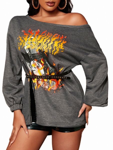 

women's hoodies & sweatshirts sxy fire & guitar print asymmetrical neck sweatshirt without belt 90n8#, Black